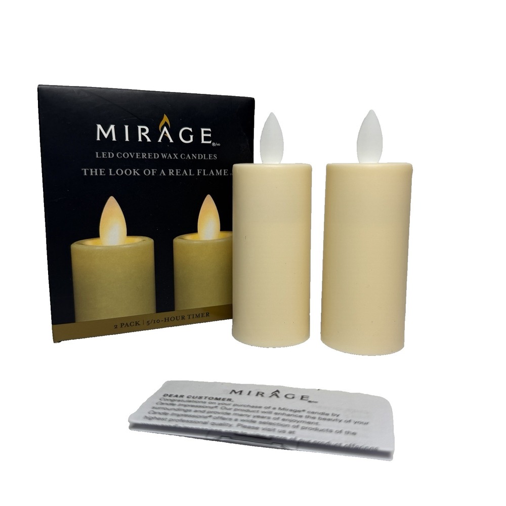 Mirage LED Covered Wax Candles Flameless Cream 3" Set Of 2 Timer Battery NEW